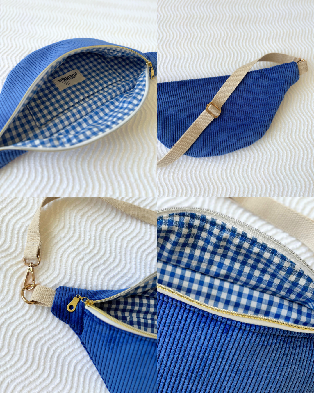 Sac banane velours bleu roi & motif vichy