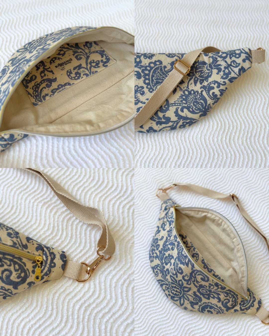 Sac banane motif fleurs indiennes bleues