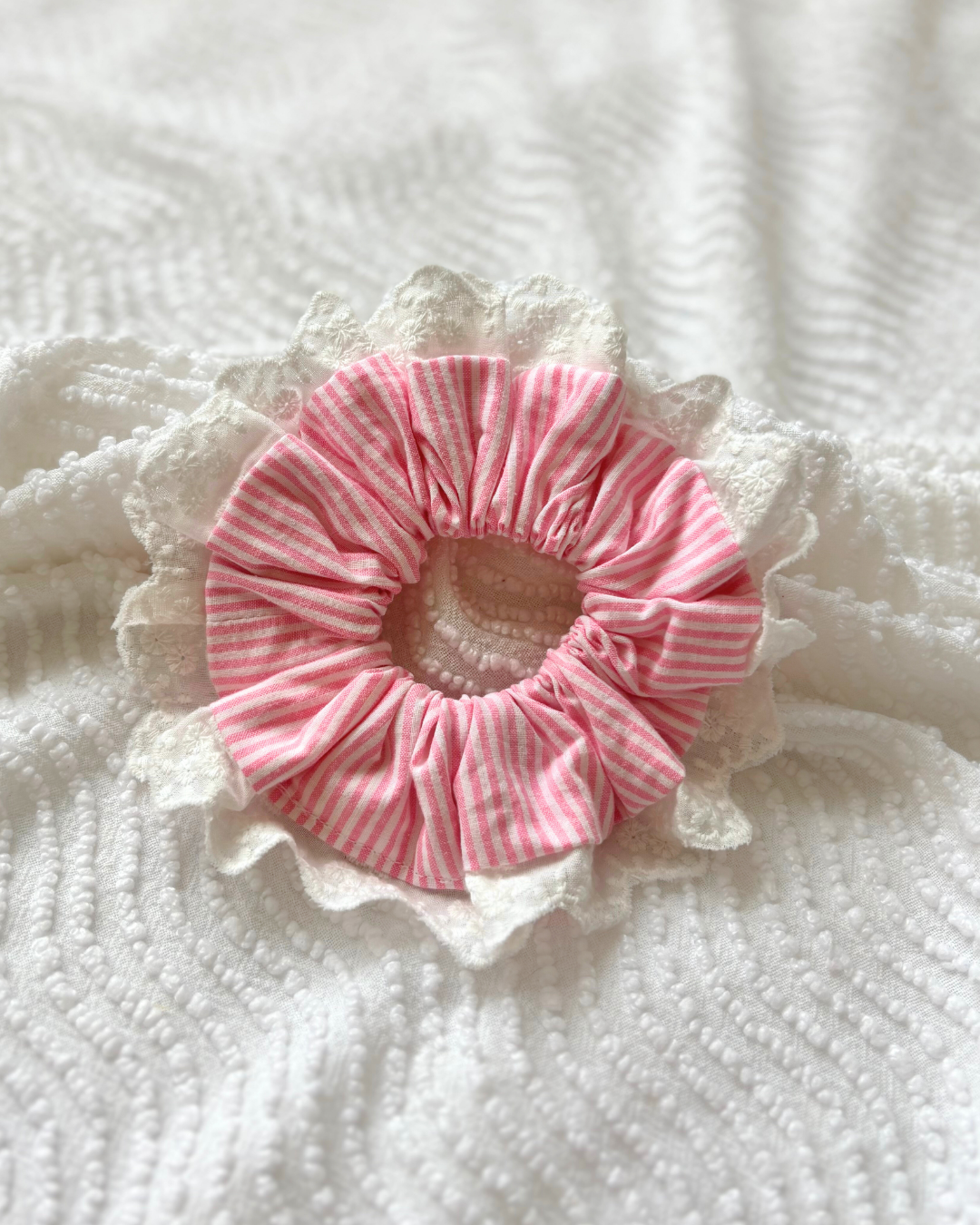 Chouchou dentelle rayures rose