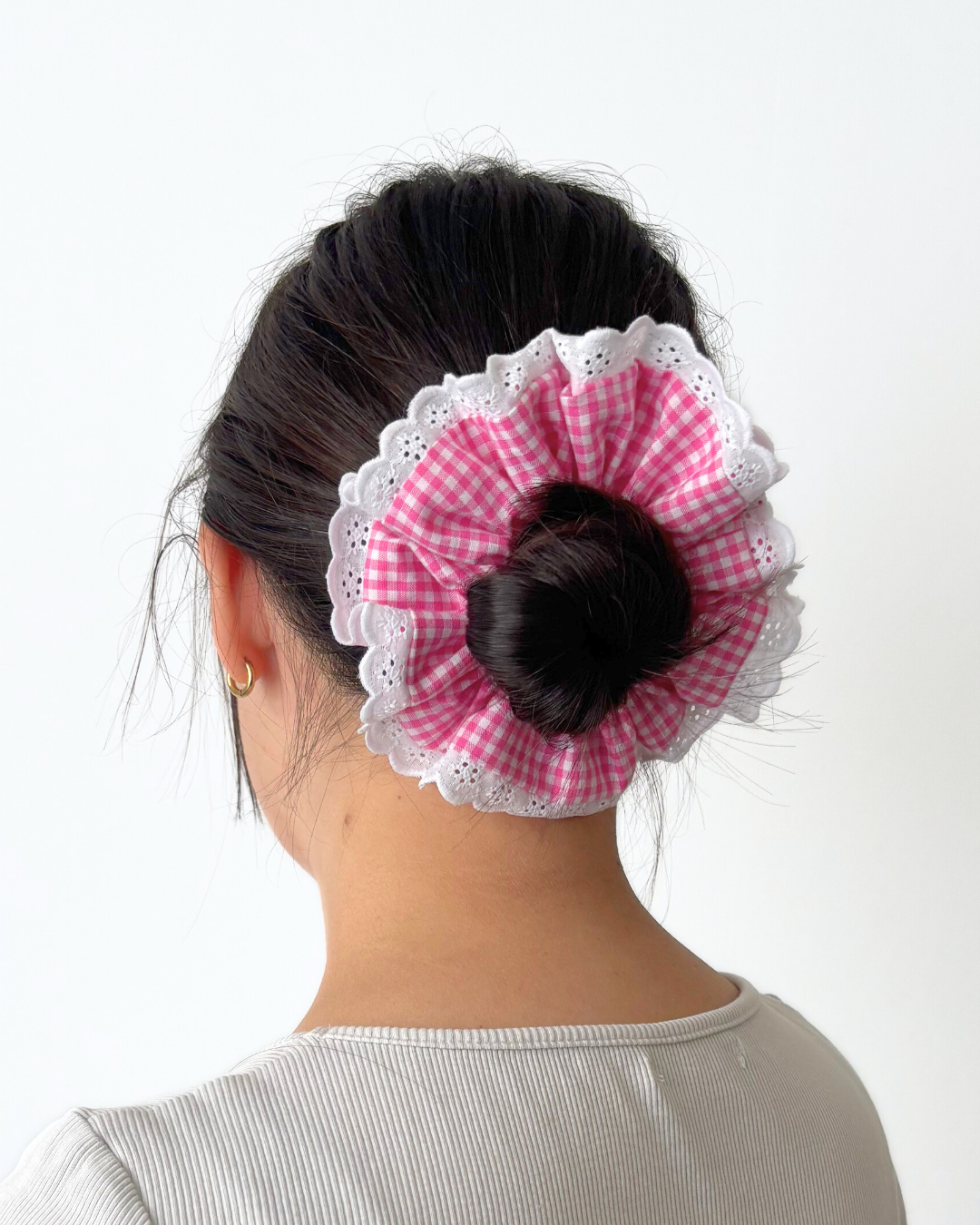 Chouchou dentelle vichy framboise