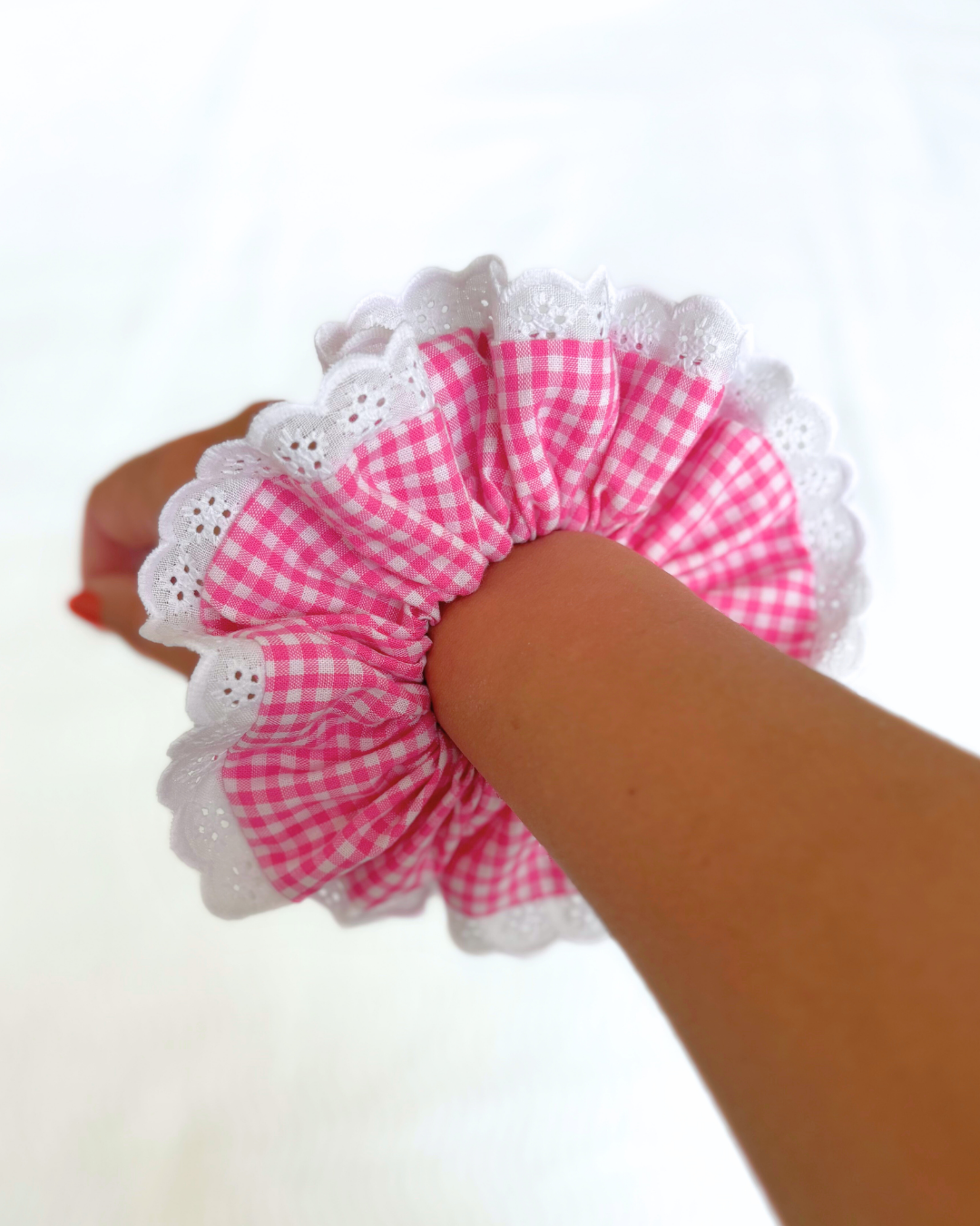 Chouchou dentelle vichy framboise