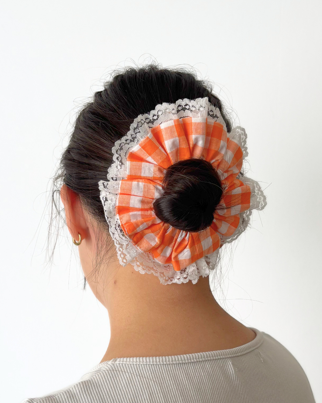 Chouchou dentelle vichy orange