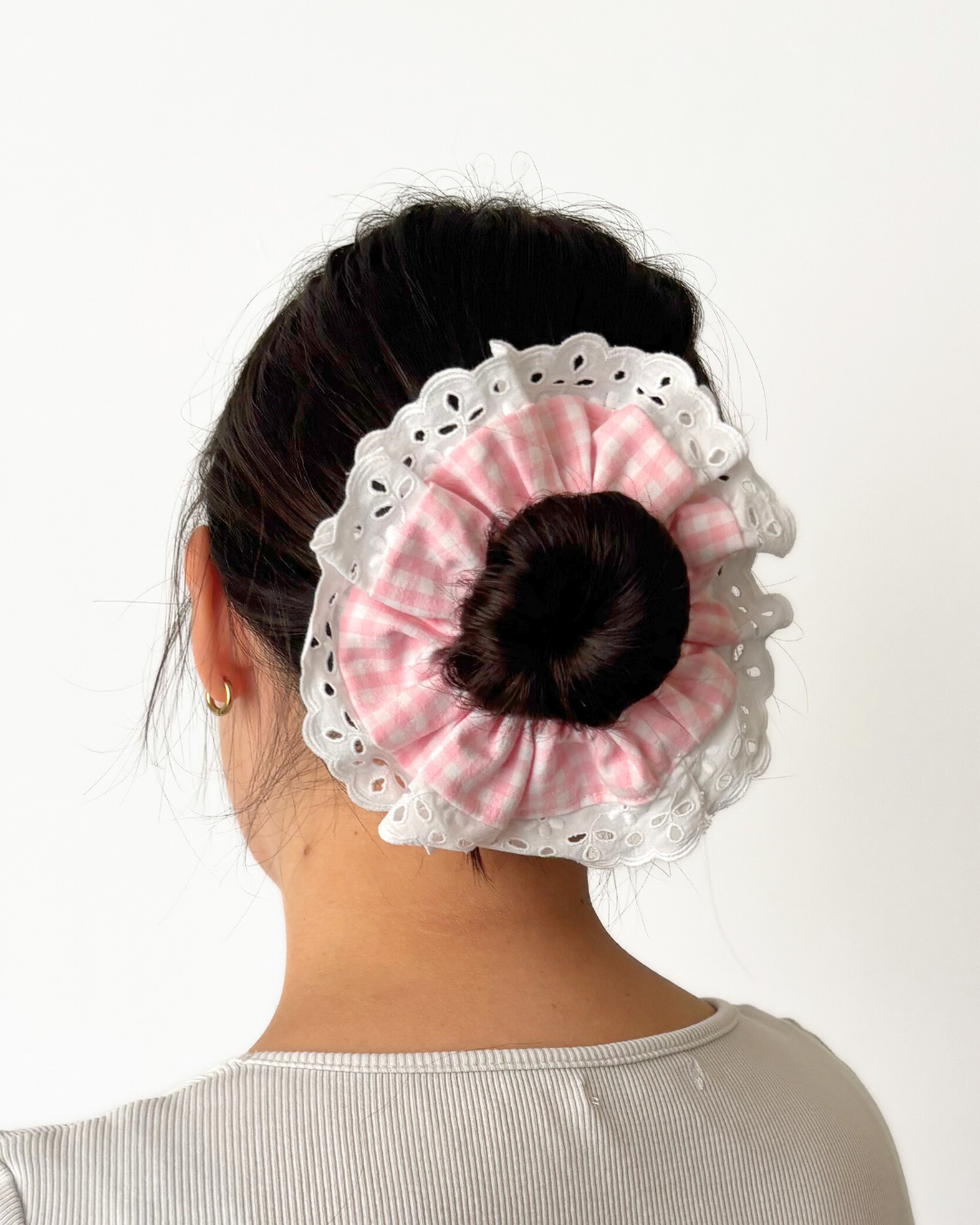 Chouchou dentelle vichy rose clair