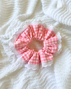 Chouchou dentelle vichy rose et blanc