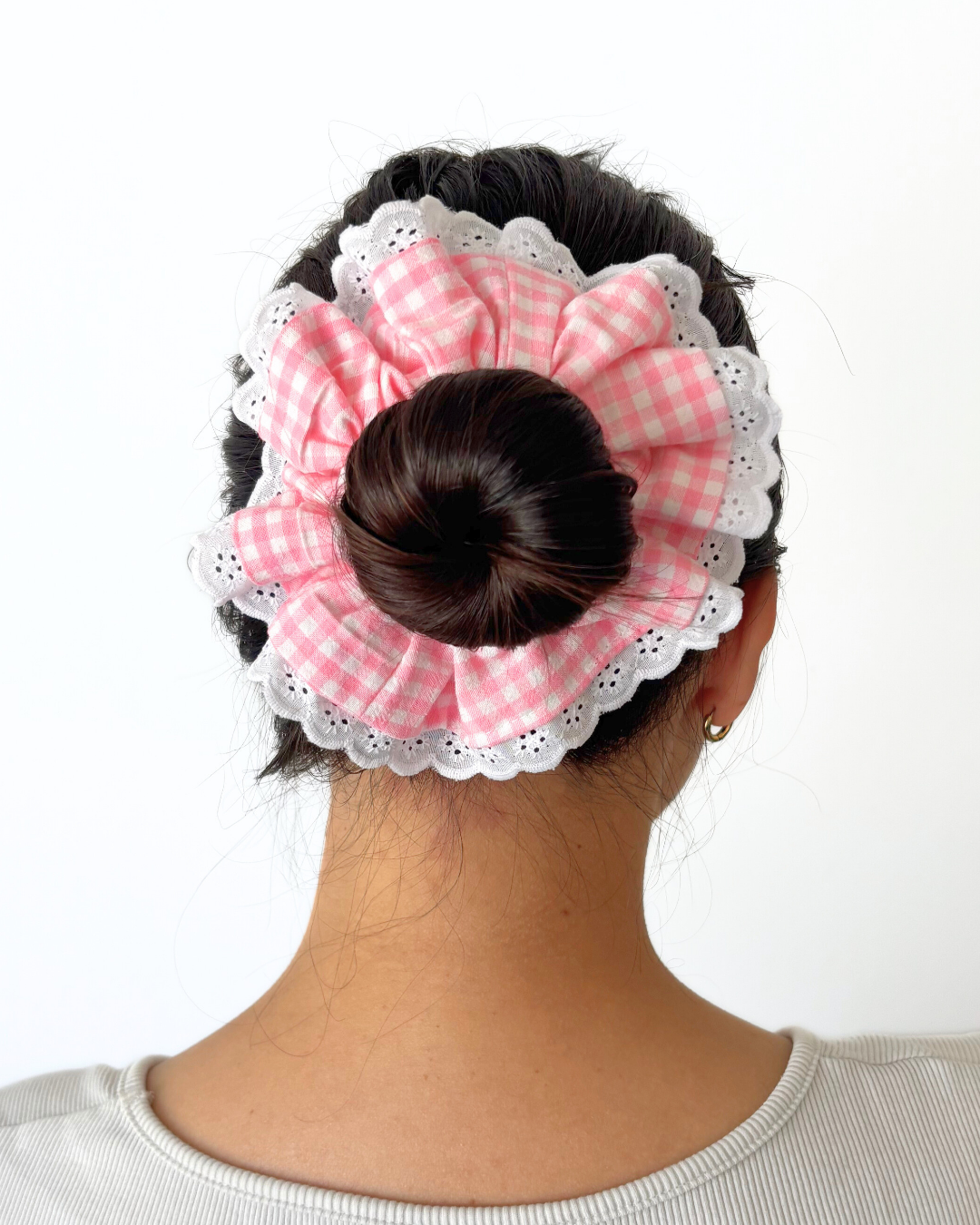 Chouchou dentelle vichy rose et blanc