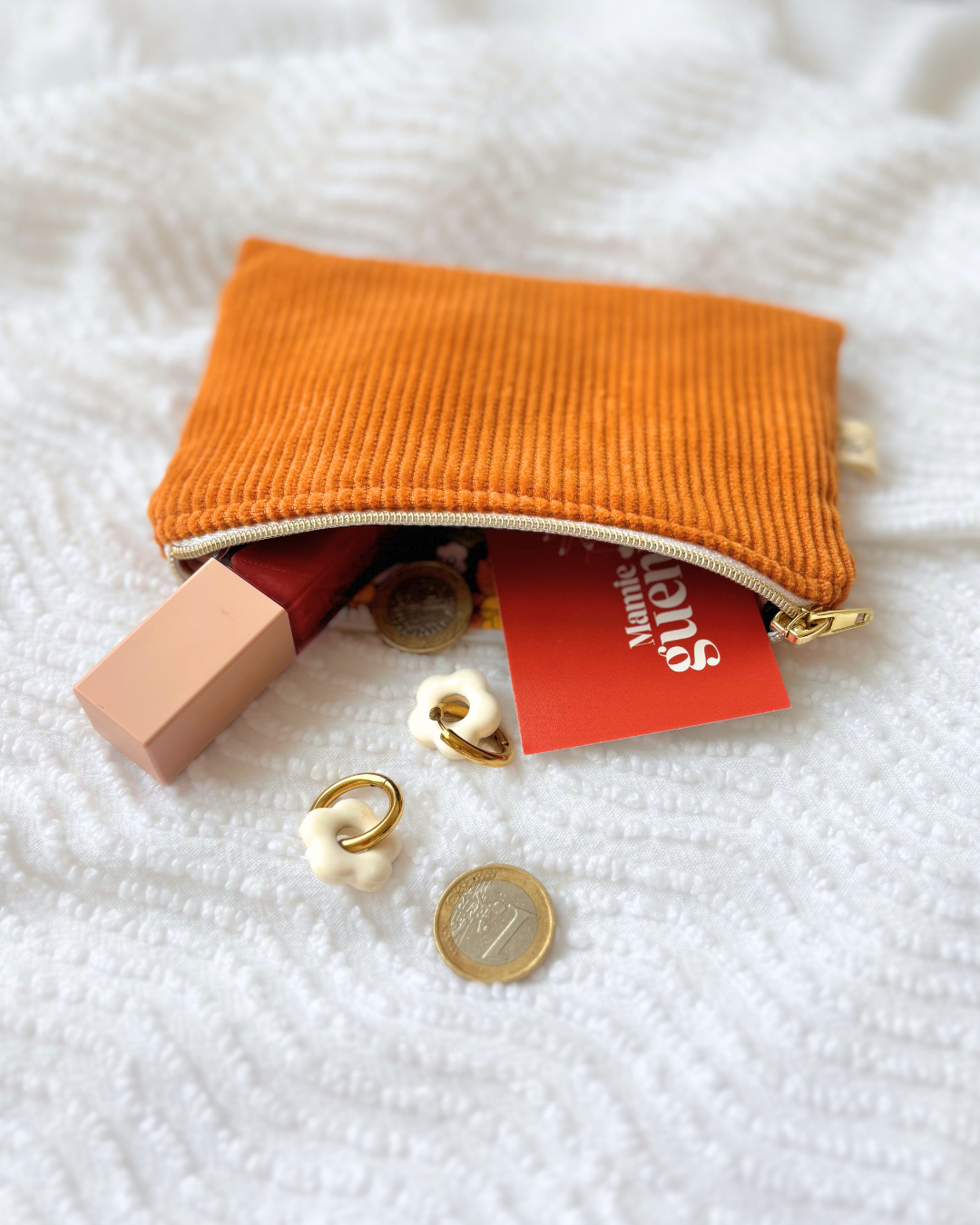 Pochette zip velours orange & fleurs