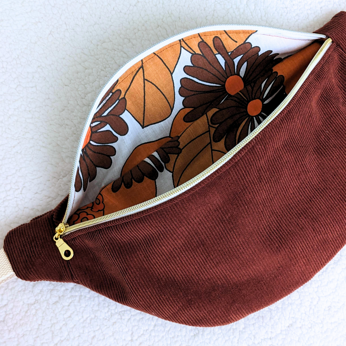 Sac banane velours Marron & Fleurs