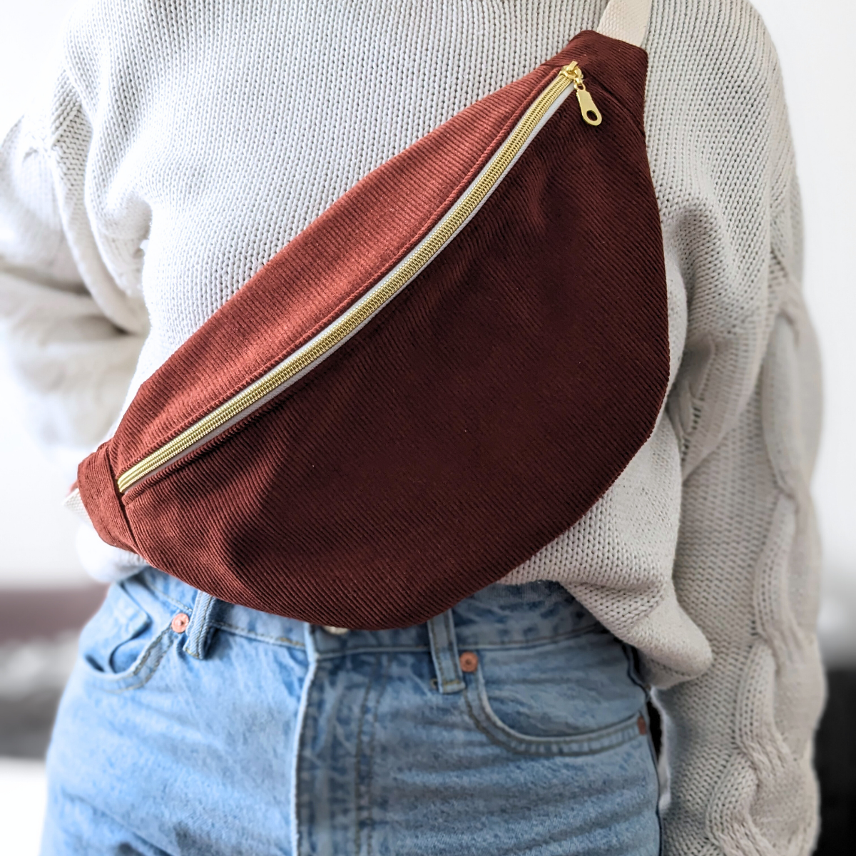 Sac banane velours Marron & Fleurs