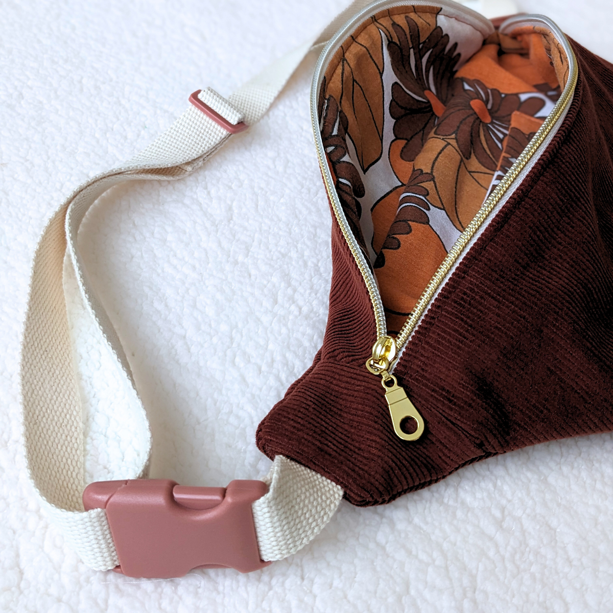 Sac banane velours Marron & Fleurs