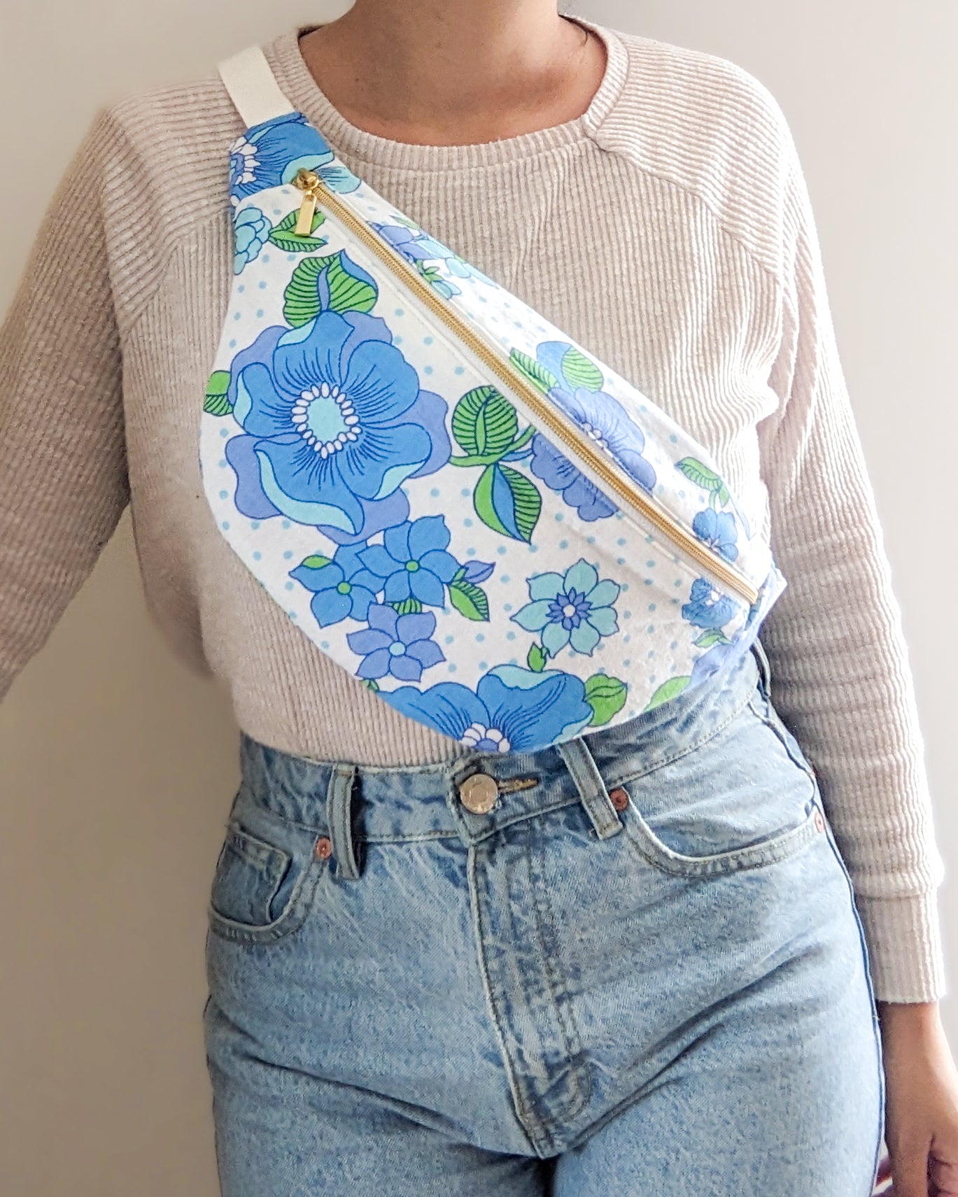 Sac banane bouquet vintage bleu