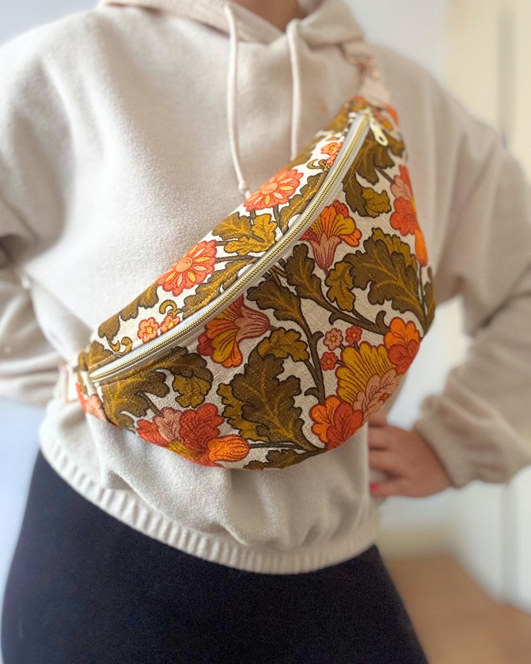 Sac banane vintage fleurs d'automne vert & orange
